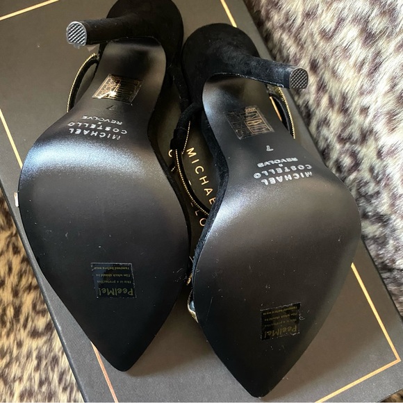 Michael Costello x REVOLVE Gwenn Sandal in Black gold high heels shoes suede 7 - Picture 16 of 16